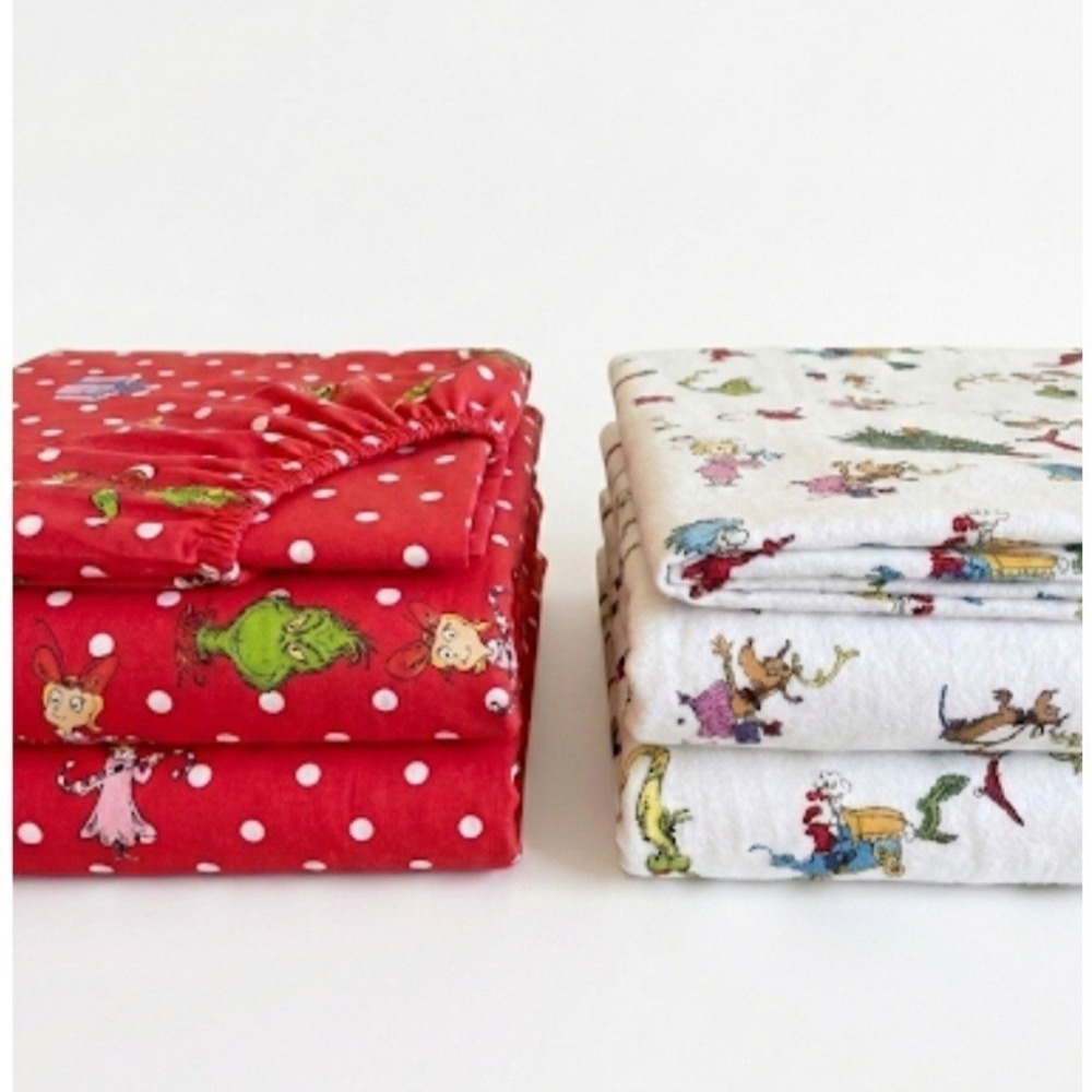 Lot of 2 Pottery Barn Kids Dr. Seuss The Grinch Full Sheet Sets Red & White‎